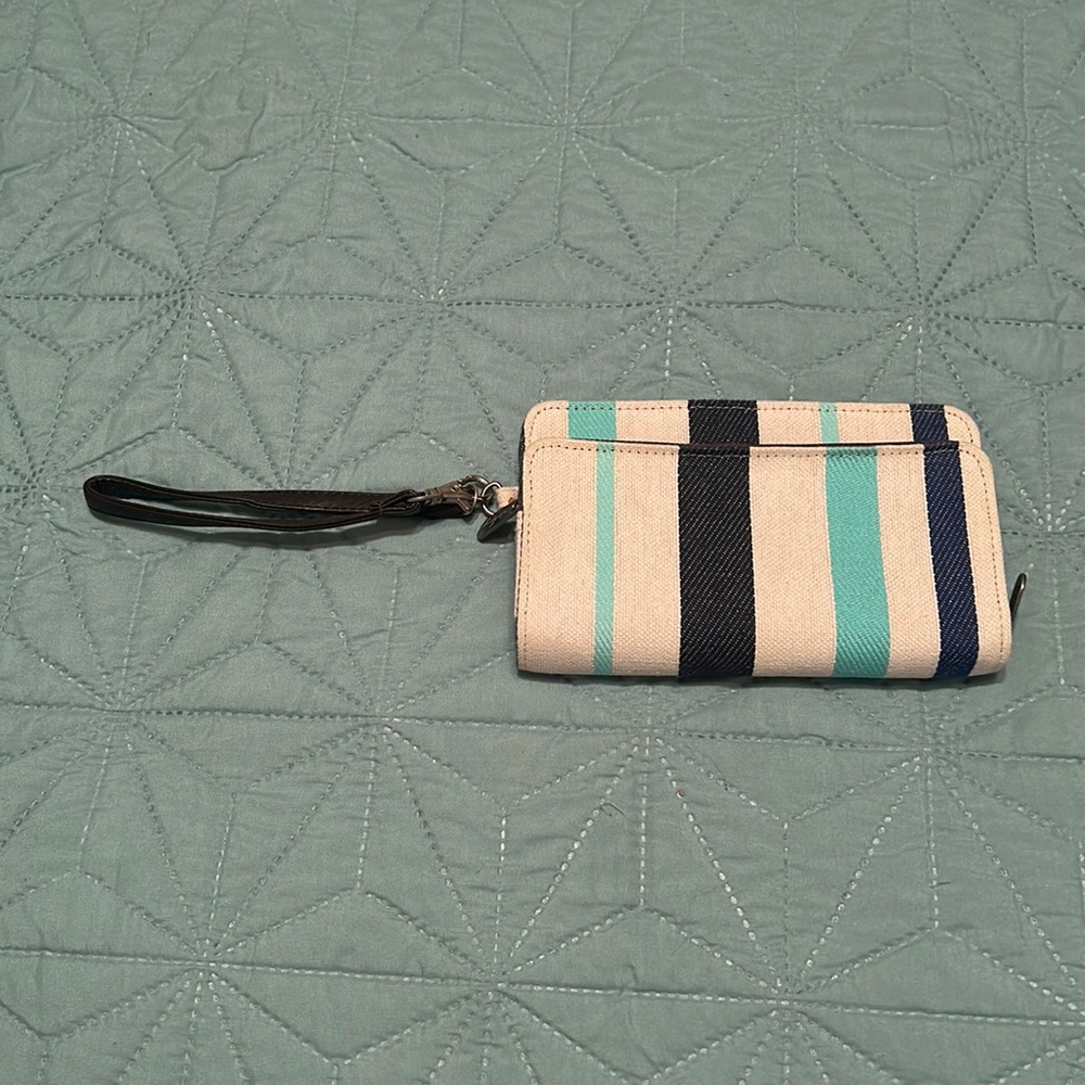Thirty one canvas wristlet in bone w/ blue & turquoise stripes & brown details